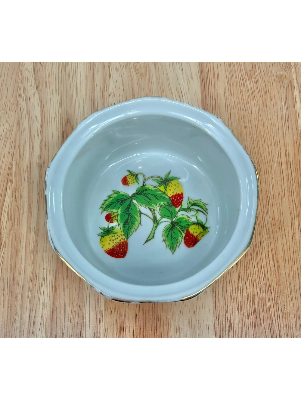 Vintage Mid Century Strawberry & Butterfly Porcelain Ramekin Gold Trim Japan